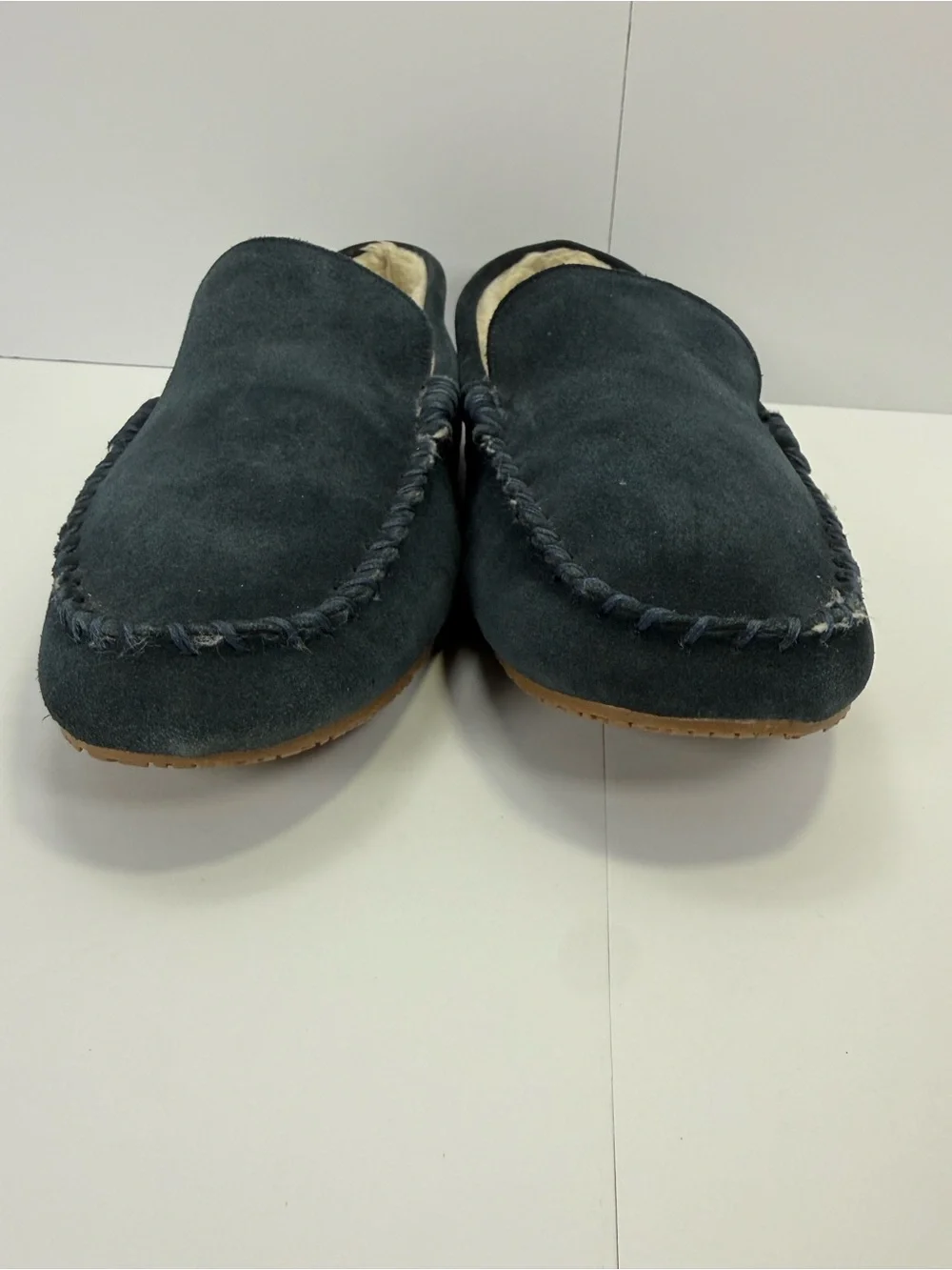 Men’s Lands' End Suede Moccasin Slippers Size 9 Navy Blue with Hard Soles